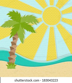 Vector card with palm tree on the beach