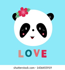 Vector card with panda. Illustration for children's prints, greetings, posters, t-shirt, packaging, invites. Cute animal. Element for your design. Postcard with love text. Funny cartoon animal.