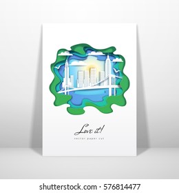 Vector card. Paper cut design. Silhouette of New York City. Place for your text.