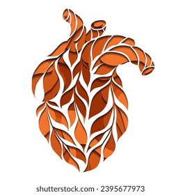 Vector card with paper cut of illness human heart made of autumn leaves on white background. Layered illustration unhealthy lifestyle theme. Internal old organ transplantation.