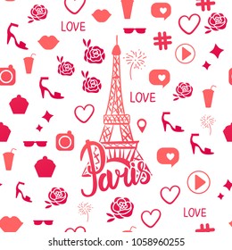Vector Card Paris summer with sign fashion street. Eiffel tower illustration and lettering isolation on white backdrop.