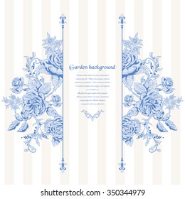 Vector card. Pattern of a bouquet french roses. Striped background. Place for your text.