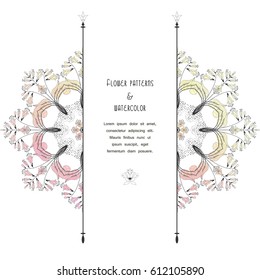 Vector card with pattern of floral circles. Aquarell on backdrop. Place for your text.