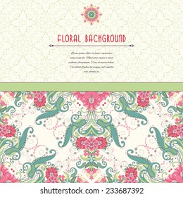 Vector card.  Pattern with flowers in vintage oriental style. Insertion for your text with simple delicate ornament. 