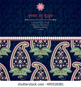Vector card. Pattern of paisley with leaves and flowers on dark backdrop. Decorative border. The motives of the paintings of ancient Indian fabrics. Tree of Life collection. Place for your text.