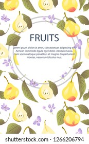 Vector card. Pattern with pears. Leaves, flowers. Fruits. Illustration. 