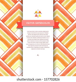 Vector card. Pattern with watercolor  squares. Hand drawing. Place for your text. Icon with colorful watercolor  triangles. Geometric tape for title.