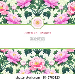 Vector card. Peonies on backdrop with sachiko pattern. Inscription Peonies garden. Insertion for your text.