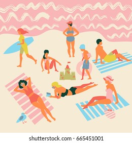 Vector card with people sunbathing on the beach in trendy flat style.
