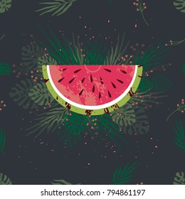 vector card with a piece of watermelon.  dark background. leaves of plants.