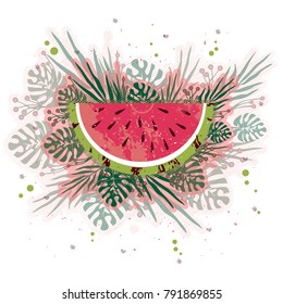 vector card with a piece of watermelon. white background. leaves of plants.