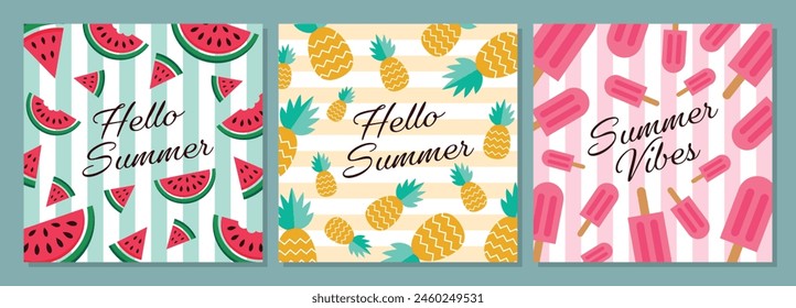Vector card with pineapple, watermelon, ice-cream and lettering. Hello summer. Typographic printable banner for summer design. Hand drawing abstract fruit background