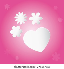 Vector card with pink background and heart with flowers in white silhouette design.