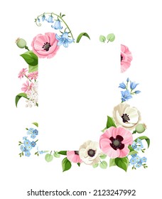 Vector card with pink, blue, and white poppy, bluebell, lilac, and forget-me-not flowers. Greeting or invitation card design