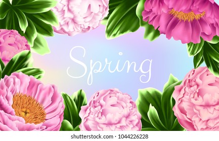 Vector Card with Pink Peonies and Leaves on Sky Colors Background