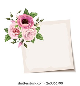 Vector card with pink roses, lisianthus and anemone flowers. 