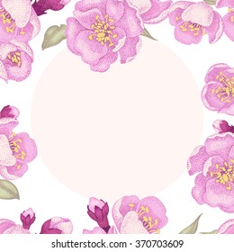 Vector card with pink sakura flowers, leaves and place for text for wedding invitations, congratulations. Vintage style. Oriental design. Cherry tree as a symbol.