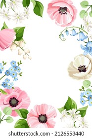 Vector card with pink, white, and blue poppy, bluebell, forget-me-not, and lily-of-the-valley flowers. Greeting or invitation card design