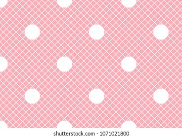 Vector Card Pink with white fishnet tights background. White polka dot ornament.