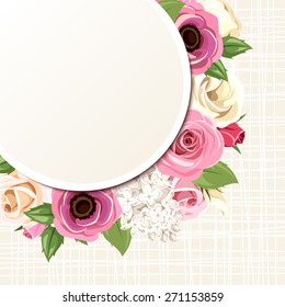 Vector card with pink and white roses, lisianthuses, anemones, lilac flowers and green leaves.