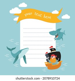 Vector card with pirate, sea animals and place for text. Wishlist, invitation, birthday, pirate party