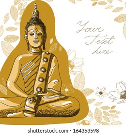 Vector  card with place for your text.  Stylish  background with Sitting Buddha. 