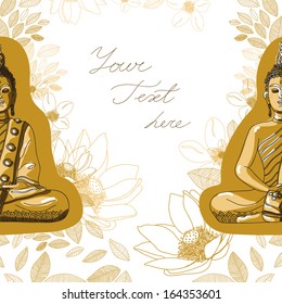 Vector  card with place for your text.  Stylish  background with Sitting Buddha. 