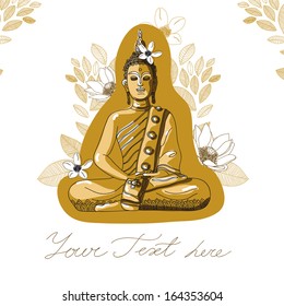 Vector  card with place for your text.  Stylish  background with Sitting Buddha. 