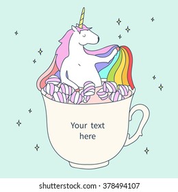 Vector card with place for your text. Unicorn with a rainbow in a cup of cocoa with marshmallows.