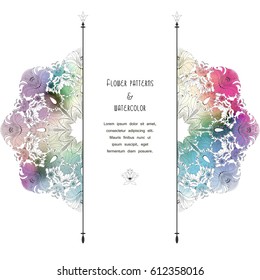 Vector card. Place for your text. Floral round patterns of watercolor. 