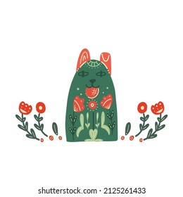 Vector card with plaeful dog with ball and a floral pattern. Stylized shepherd dog with folk art. Clipart with stylized purebred puppy and boho decoration. Postcard with pet in flat hand drawn style