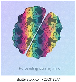 Vector card with plane black horse items on rainbow triangle background and humans brain. Bright card for your design.