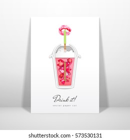 Vector card. Plastic cup with love drink. Imprint of lipstick in the form of lips. Paper cut design. Place for your text 