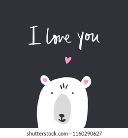 Vector card with polar bear, cute animal face, muzzle. "I love you" text. Scandinavian style art. Layout, print for children, poster, card, t-shirt and other.