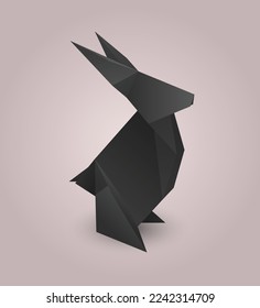 Vector card with polygonal black rabbit. Origami hare. Paper folded animal. Symbol of Chinese of New year.  Zoo element for greeting cards, banners and your design.