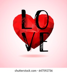 Vector card with polygonal heart and lettering. Hand written word Love.
Design element for Valentines Day background.