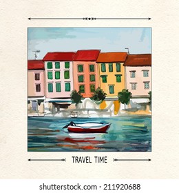 Vector card. Postcard with a seaside town, boat and sea. Boat on the waves on the background of the southern city. Embankment, sea, boat, houses. Croatia. Voyage, coast. Watercolor seascape, sea view.