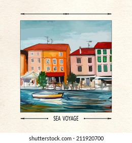 Vector card. Postcard with a seaside town, boat and sea. Boat on the waves on the background of the southern city. Embankment, sea, boat, houses. Croatia. Voyage, coast. Watercolor seascape, sea view.