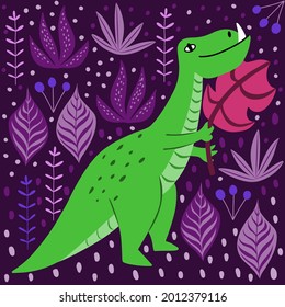 Vector card or poster with cute green dinosaur with pink leaf on a purple background