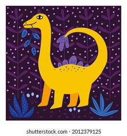 Tarjeta vectorial o afiche con adorable dinosaurio de diplodocumentales amarillos sobre fondo púrpura