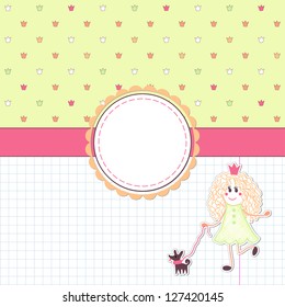 Vector card. Princess for a walk with her dog. Background with colored crowns and sheet into the cage. Decorative ribbon and frame for your text.