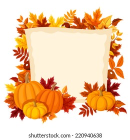 Vector card with pumpkins and autumn leaves. 