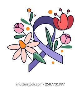 Vector card with purple ribbon and flowers. 4th february poster or World cancer day illustration. Female or lady, girl or woman support campaign. Health care, disease prevention. Female Selfcare.