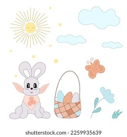 Vector card rabbit, bunny, butterfly, eggs Easter in bascket, sun, cloude. Doodle style illustration. For card, poster, coves, postcards, scrapbooking, textile, fabric, craft paper, notebook, fabric.