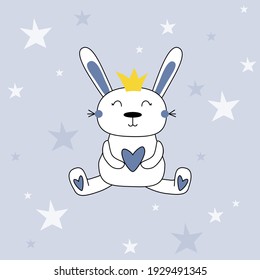 tarjeta vectorial con conejo sobre fondo azul con corazones y estrellas.  fondo de pantalla para niños, salvapantallas.  impresión vectorial