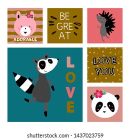 Vector card with raccoon, panda, lama, hedgehog. Illustration for children's prints, greetings, posters, t-shirt, packaging, invites. Cute animal. Element for your design. Postcard with love text.