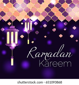 Vector card for Ramadan Kareem. Two lit lanterns on dark purple background. Arabic mosaic pattern on top. Bokeh effect.