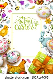 Vector card with realistic 3D eggs and gift box. Handwriting inscription Happy Easter. Holiday background. Lettering, modern calligraphy. Vintage hand drawn elements.