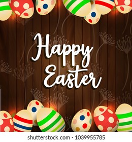 Vector card with realistic 3D eggs. Happy Easter greeting card with flowers eggs.