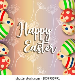 Vector card with realistic 3D eggs. Happy Easter greeting card with flowers eggs.